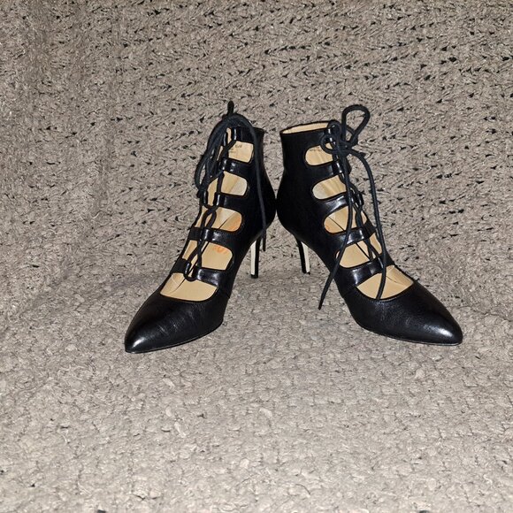 KORS MICHAEL KORS-Black Leather Lace Up Cage Stiletto Booties-Sz 6.5M-NWOB - Picture 4 of 8